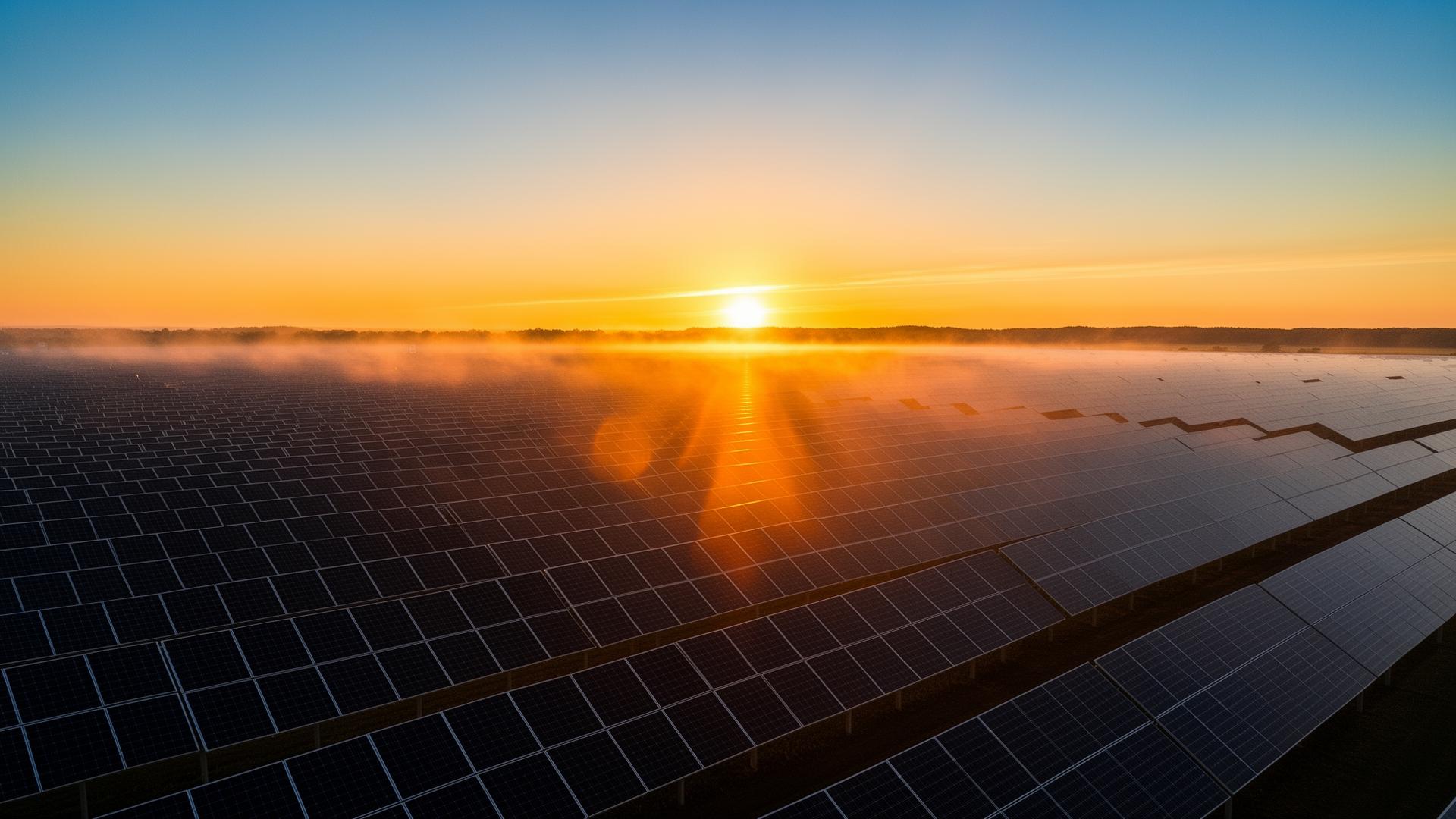 Vast solar farm at golden hour sunrise with light streaming across panels